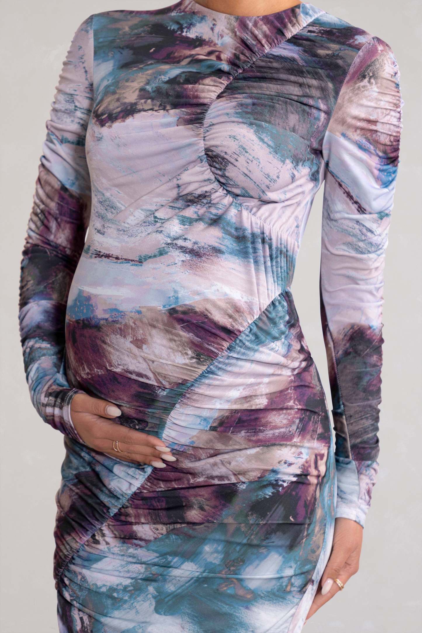 Cait Multi Print Bodycon Maternity Midi Dress-Babyboo Dress Store. All Rights Reserved.