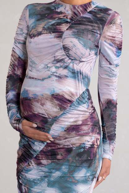 Cait Multi Print Bodycon Maternity Midi Dress-Babyboo Dress Store. All Rights Reserved.