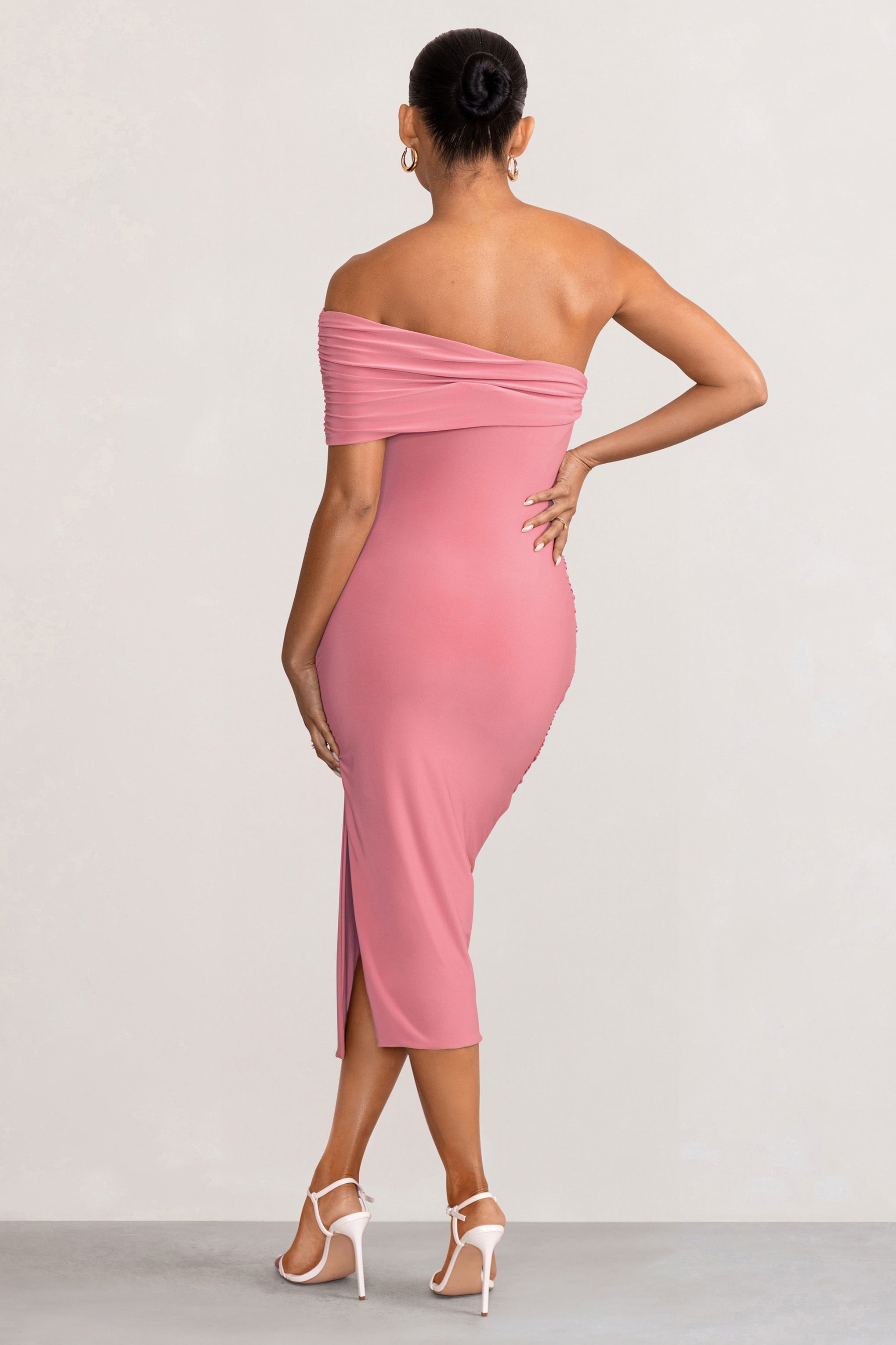 Odelia Blush Maternity Midi Dress with Asymmetric Sleeve and Side Split-Babyboo Dress Store. All Rights Reserved.