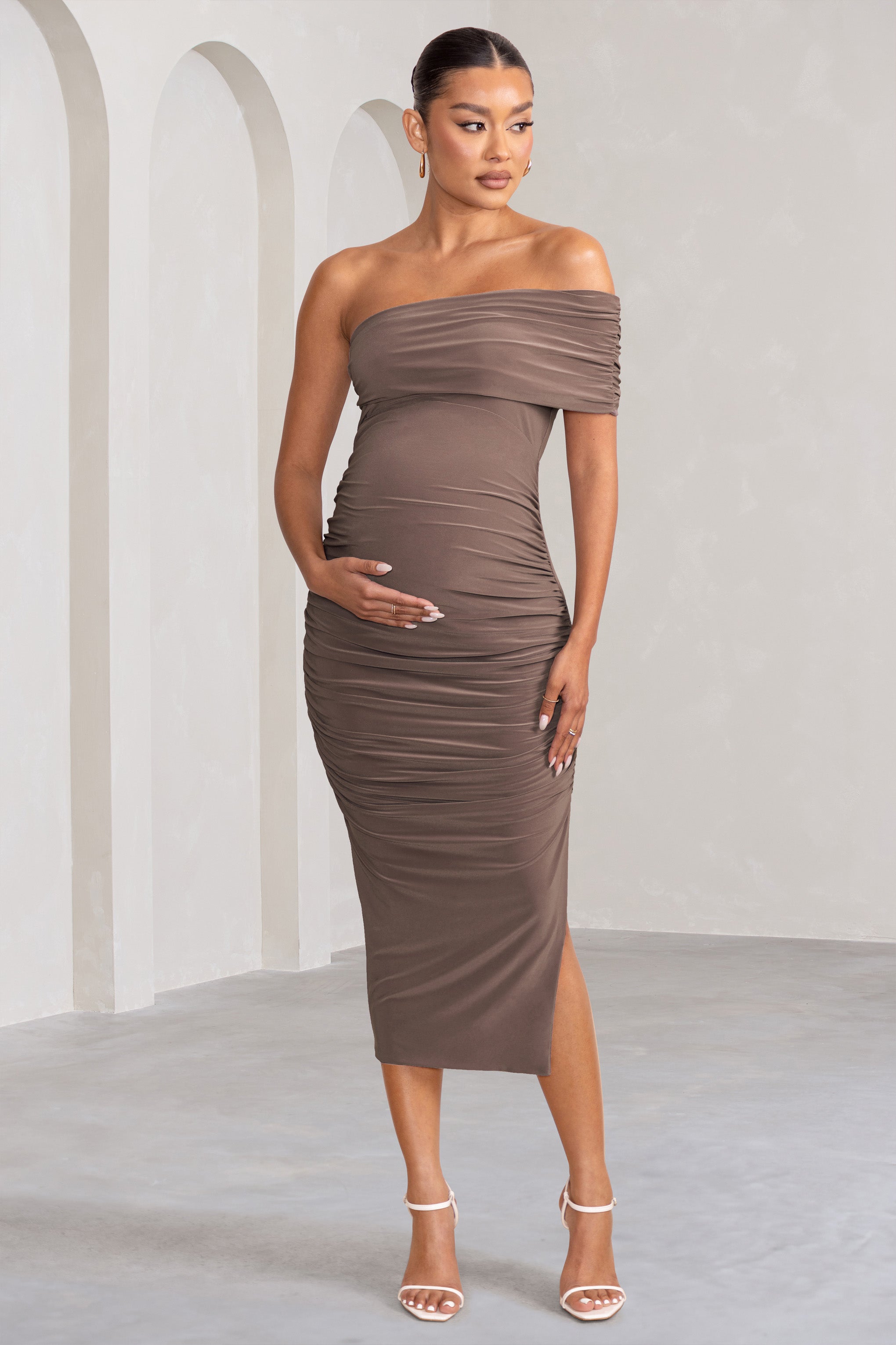 Odelia Mocha Maternity Midi Dress with Asymmetric Sleeve and Side Split-Babyboo Dress Store. All Rights Reserved.