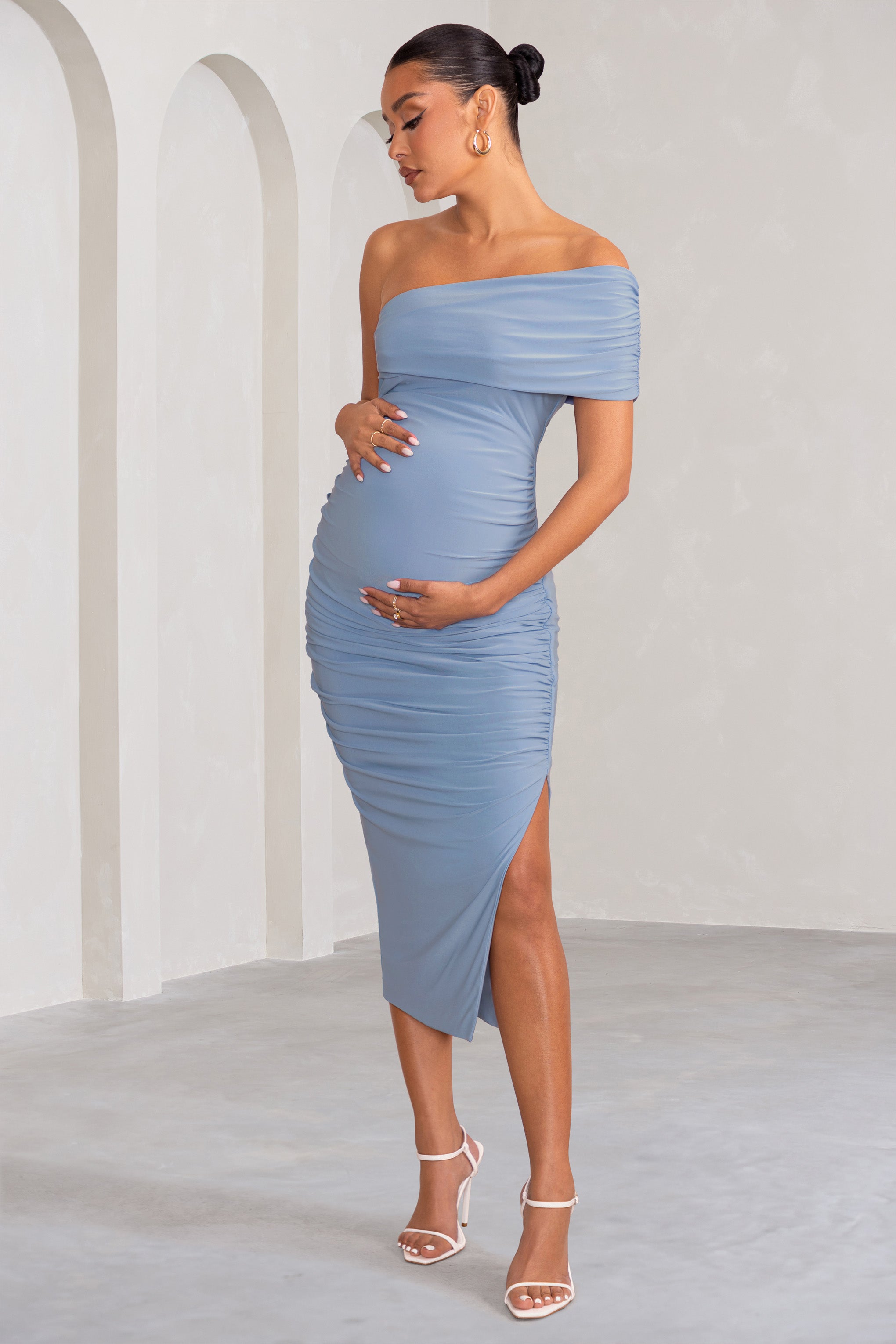 Odelia Powder Blue Maternity Midi Dress with Asymmetric Sleeve and Side Split-Babyboo Dress Store. All Rights Reserved.