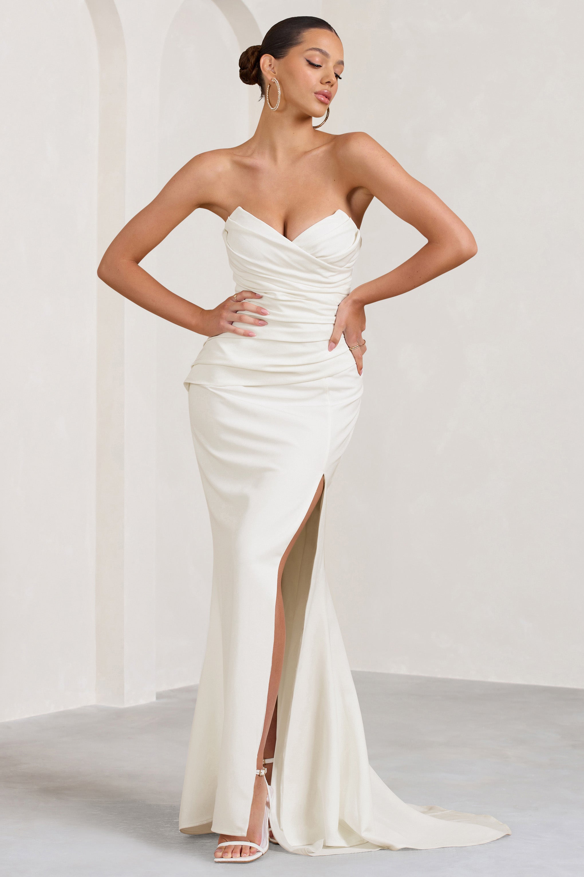 Elene White Pleated Split Fishtail Maxi Dress