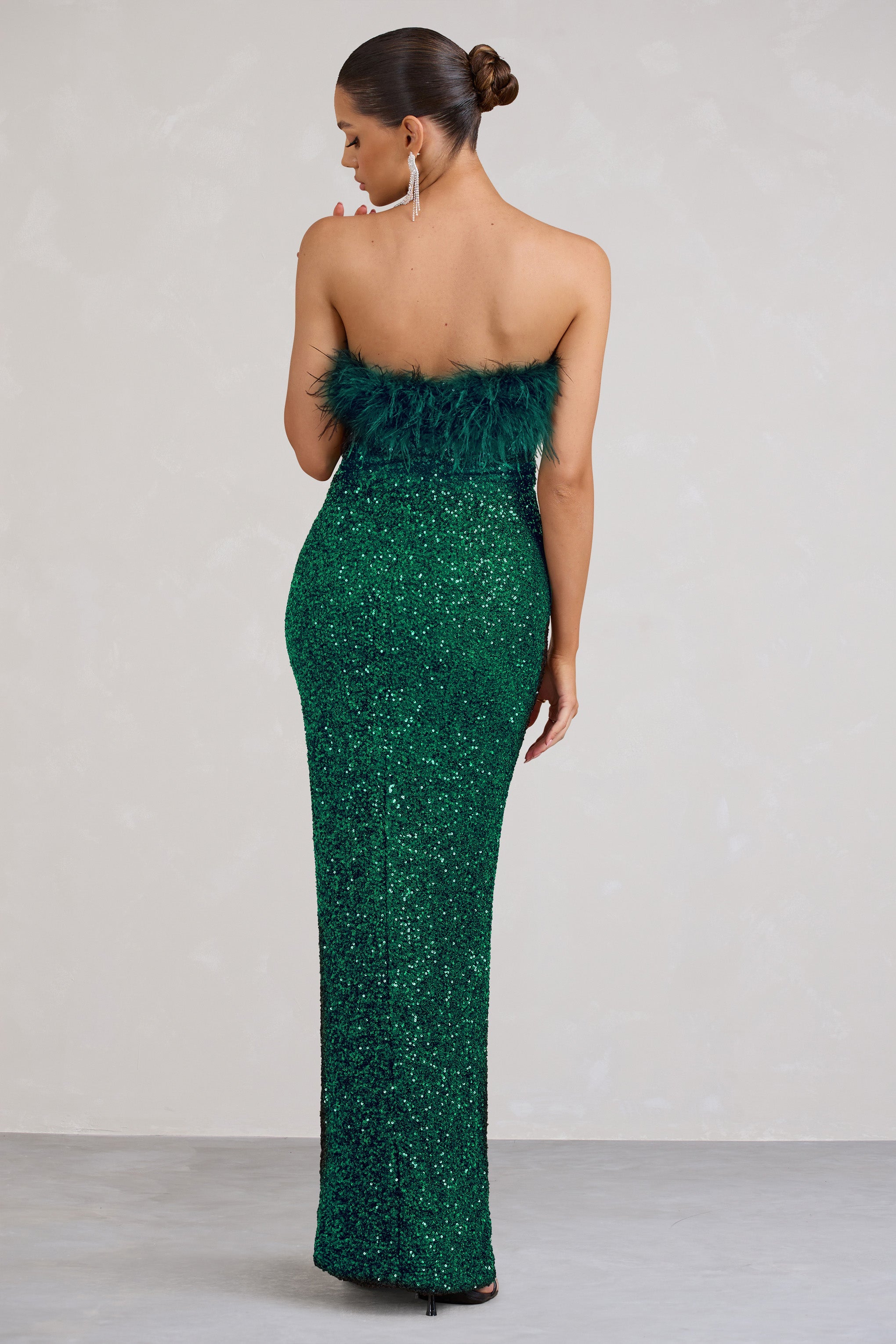 Old Money Bottle Green Bodycon Sequin Maxi Dress With Feather Trim-Babyboo Dress Store. All Rights Reserved.