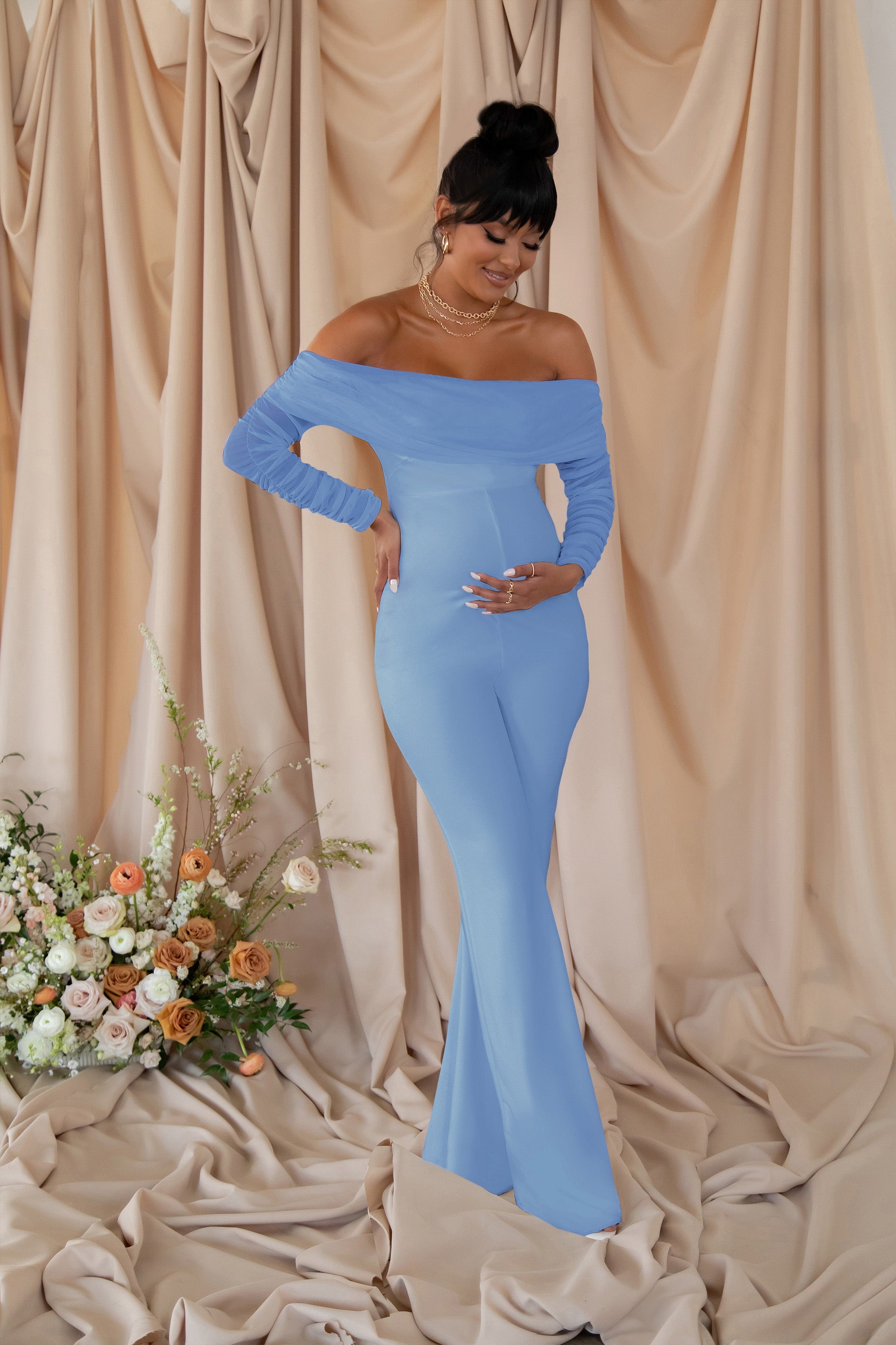 Count Down Powder Blue Maternity Ruched Mesh Bardot Jumpsuit-Babyboo Dress Store. All Rights Reserved.