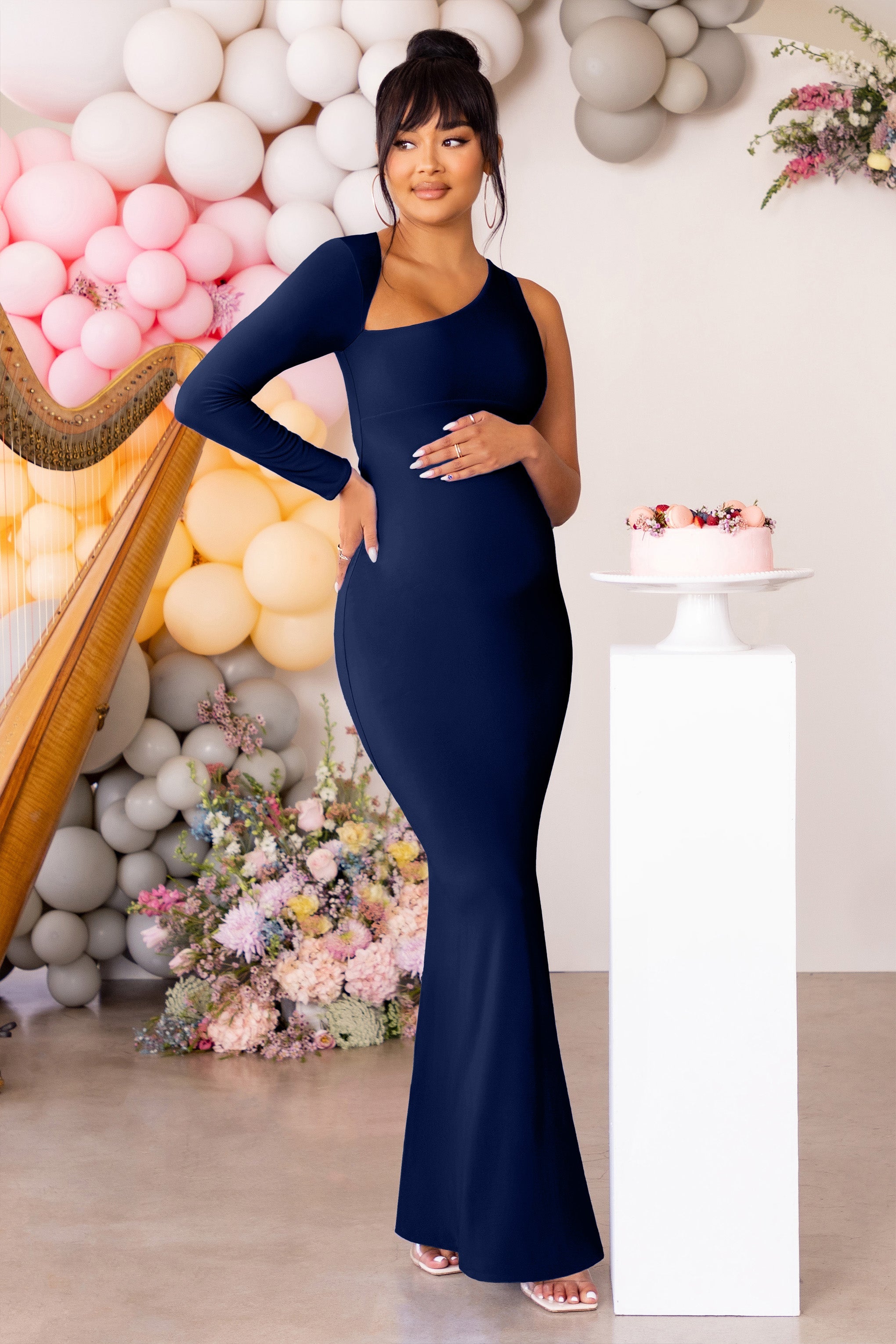 Oh Baby Navy Maternity One Shoulder Bodycon Maxi Dress-Babyboo Dress Store. All Rights Reserved.