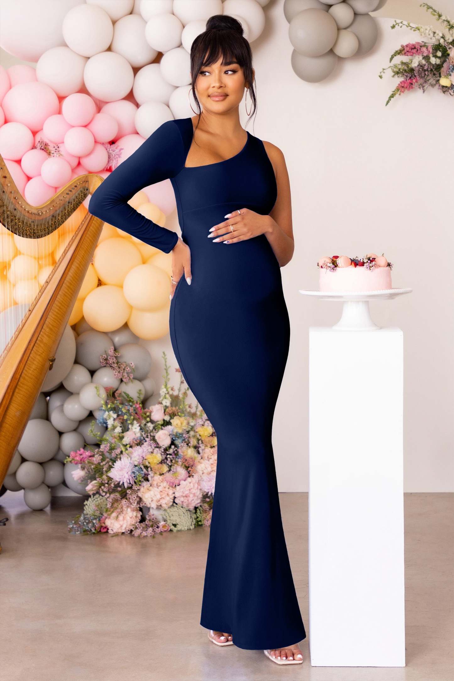 Oh Baby Navy Maternity One Shoulder Bodycon Maxi Dress-Babyboo Dress Store. All Rights Reserved.