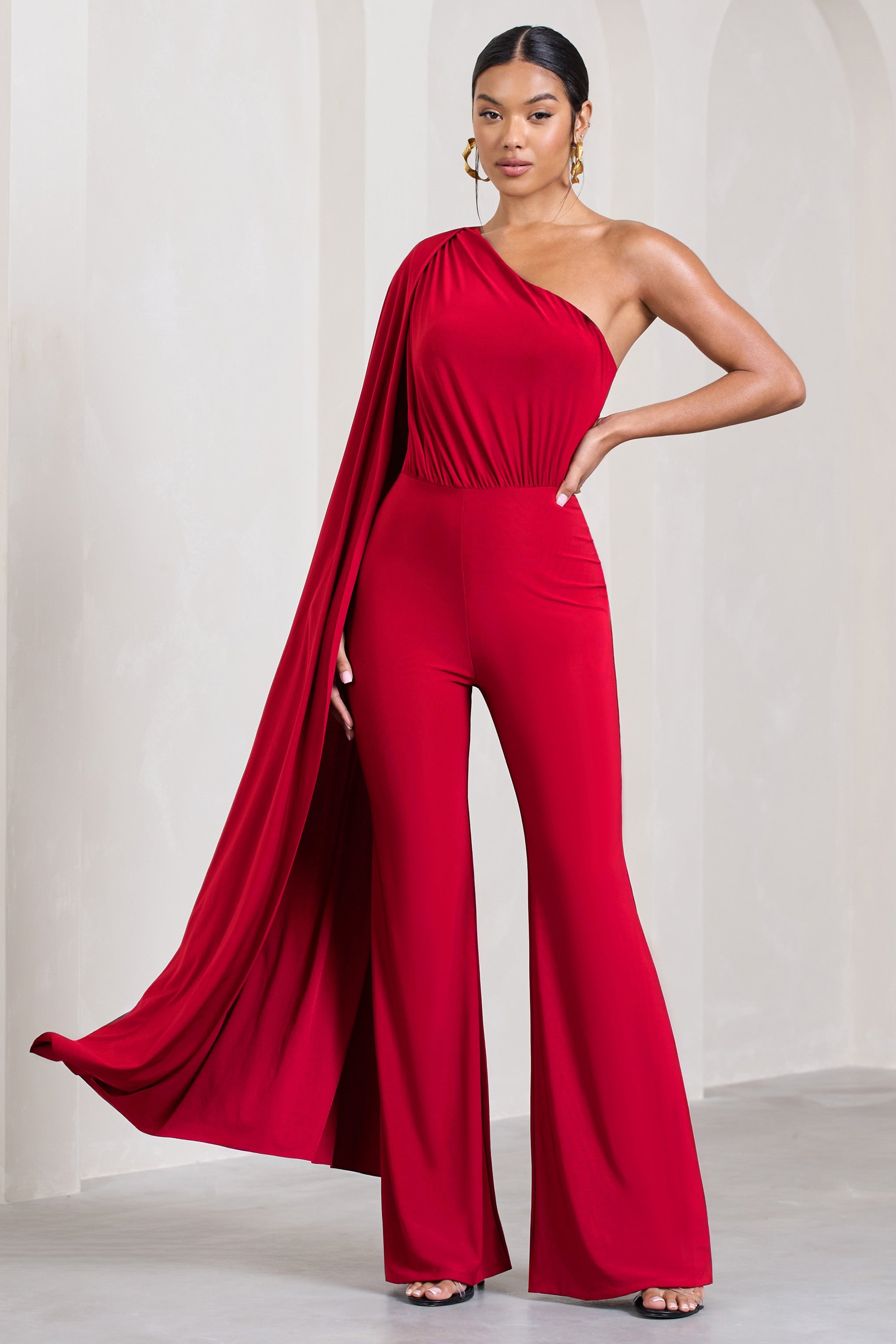 Aurora Red One Shoulder Cape Sleeve Jumpsuit