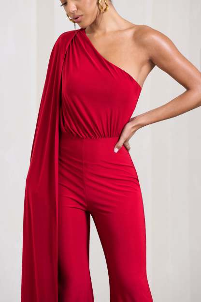 Aurora Red One Shoulder Cape Sleeve Jumpsuit