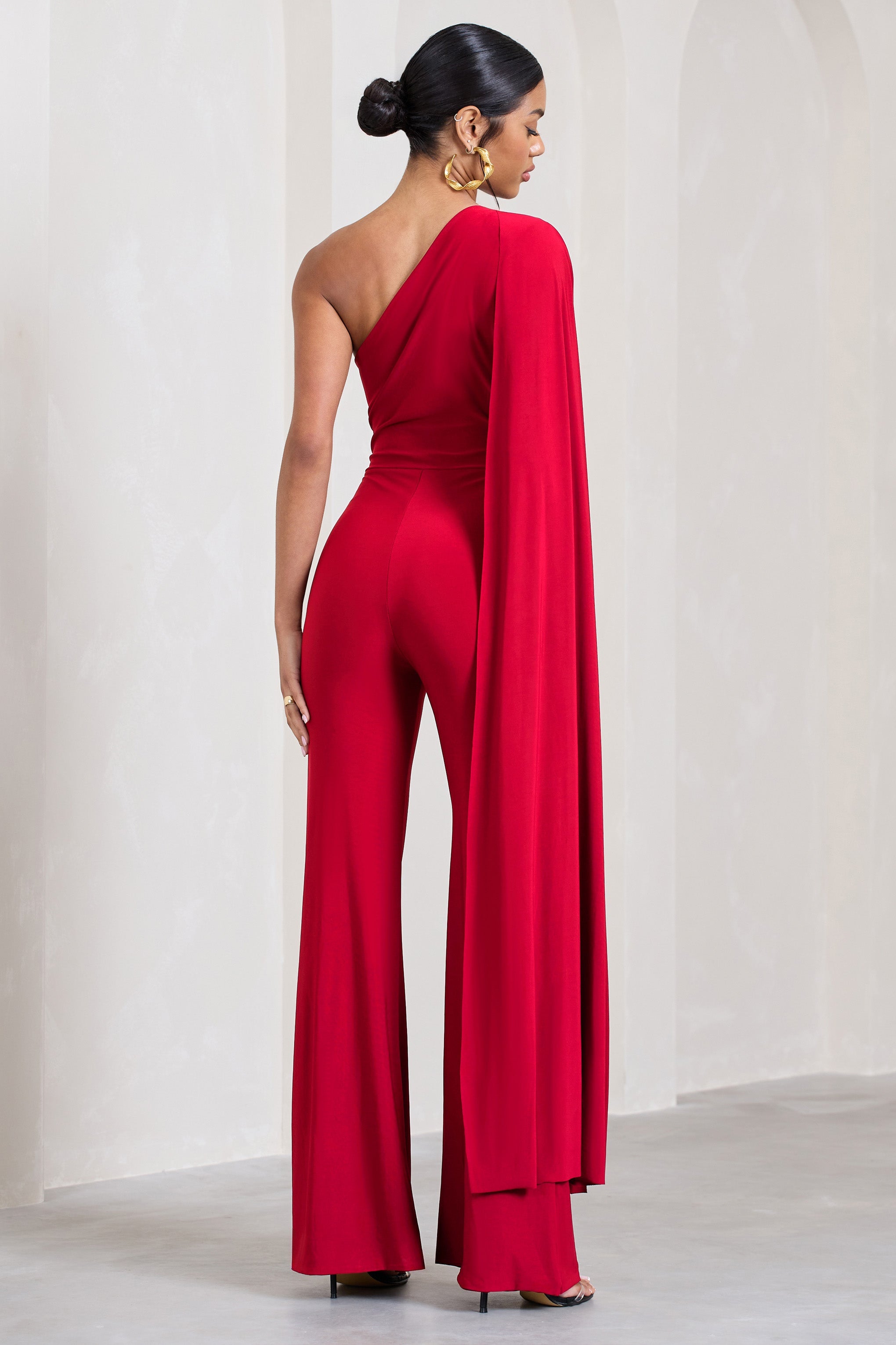 Aurora Red One Shoulder Cape Sleeve Jumpsuit