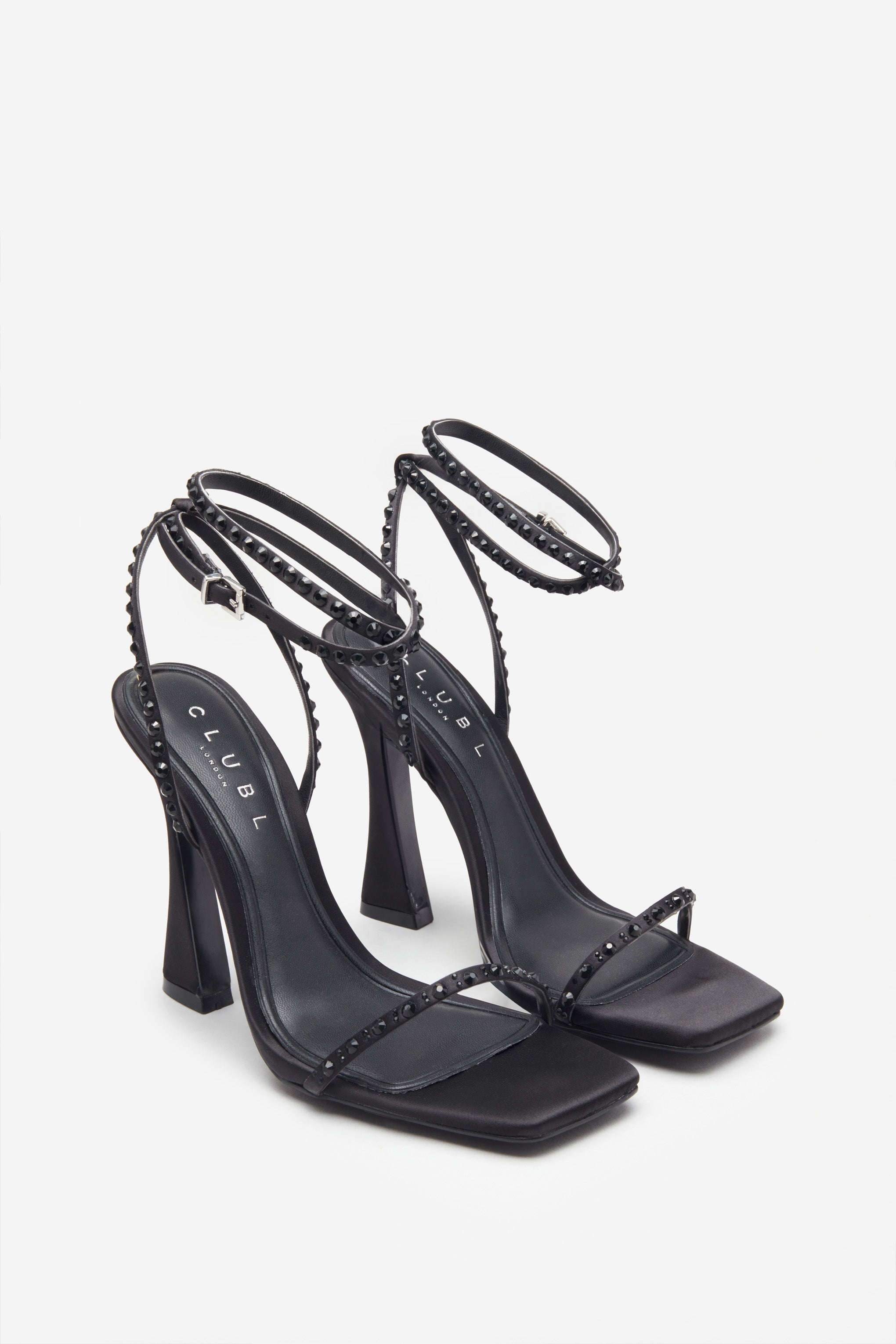 Nostalgia Black Satin Heeled Sandals With Diamante Straps-Babyboo Dress Store. All Rights Reserved.