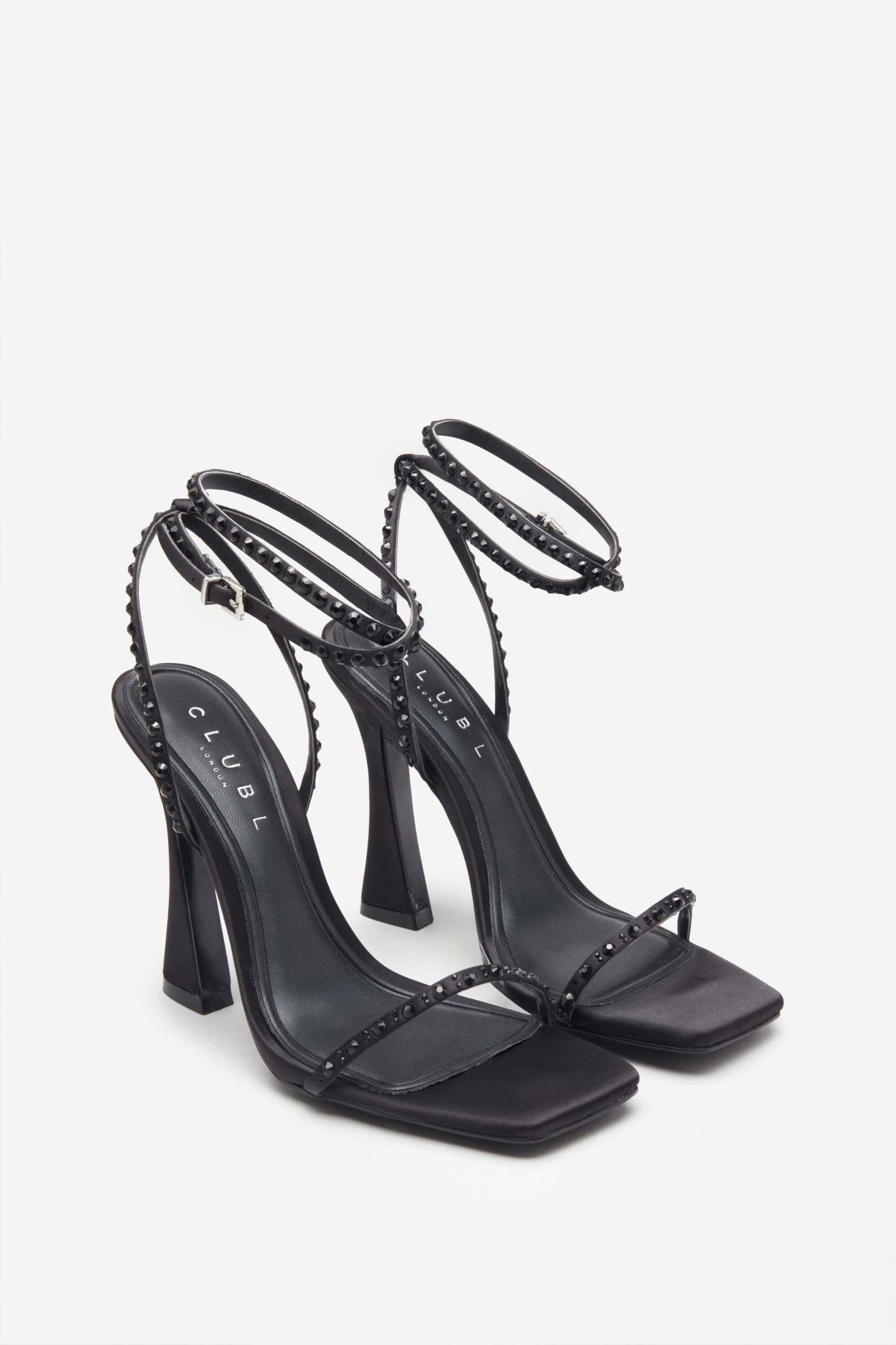 Nostalgia Black Satin Heeled Sandals With Diamante Straps-Babyboo Dress Store. All Rights Reserved.