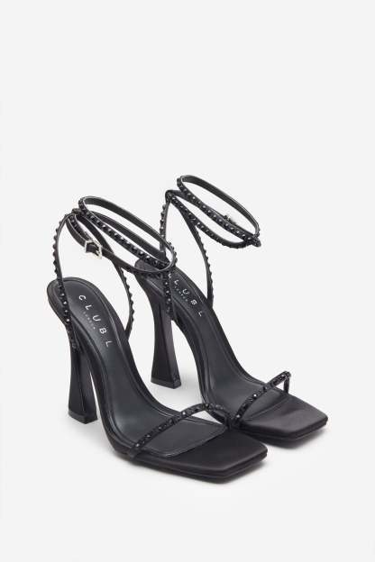 Nostalgia Black Satin Heeled Sandals With Diamante Straps-Babyboo Dress Store. All Rights Reserved.