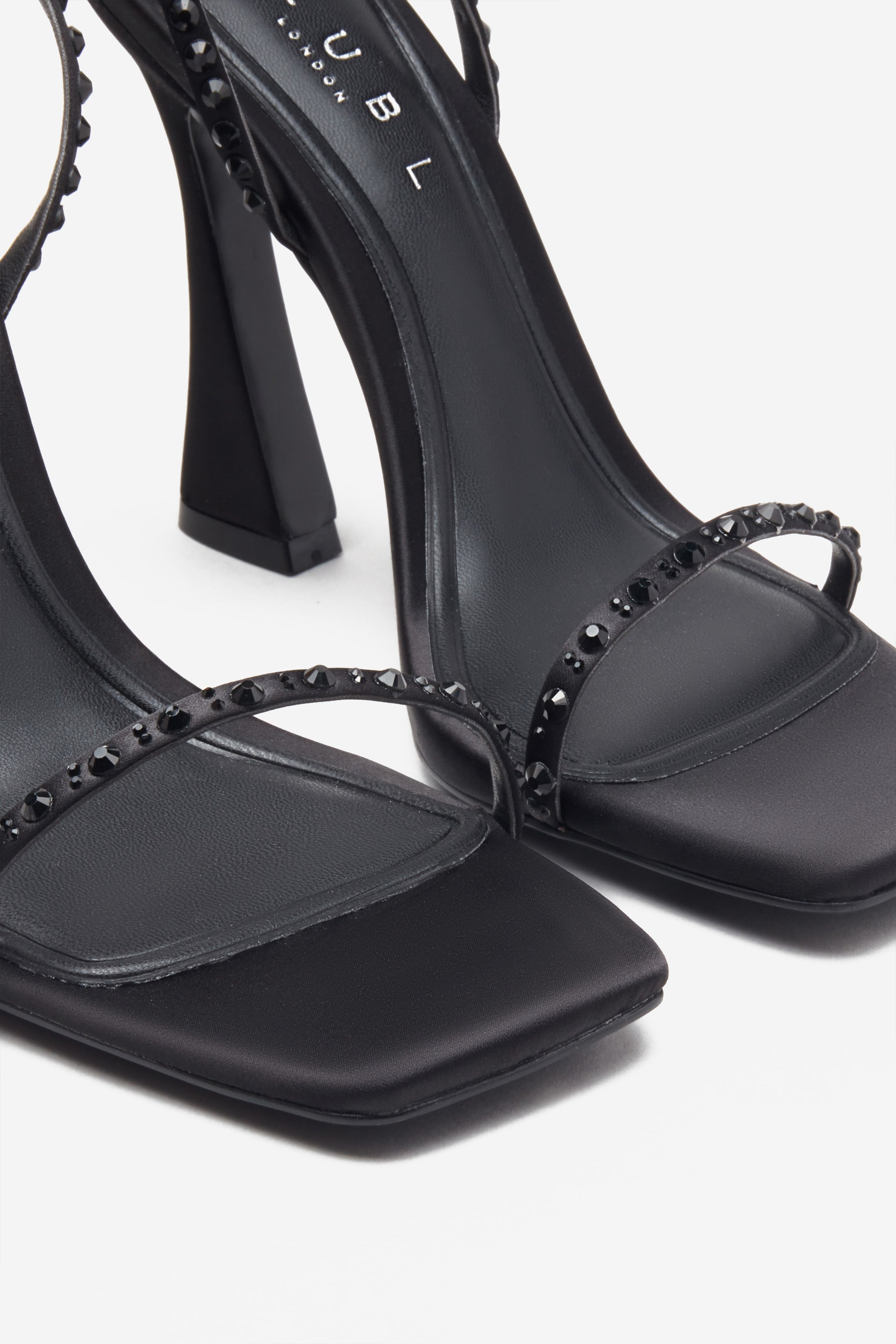 Nostalgia Black Satin Heeled Sandals With Diamante Straps-Babyboo Dress Store. All Rights Reserved.