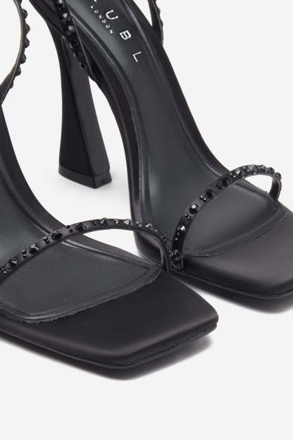 Nostalgia Black Satin Heeled Sandals With Diamante Straps-Babyboo Dress Store. All Rights Reserved.