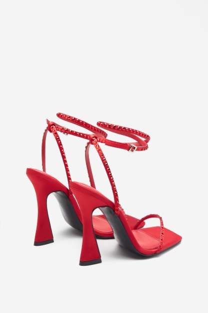 Nostalgia Bright Red Satin Heeled Sandals With Diamante Straps-Babyboo Dress Store. All Rights Reserved.