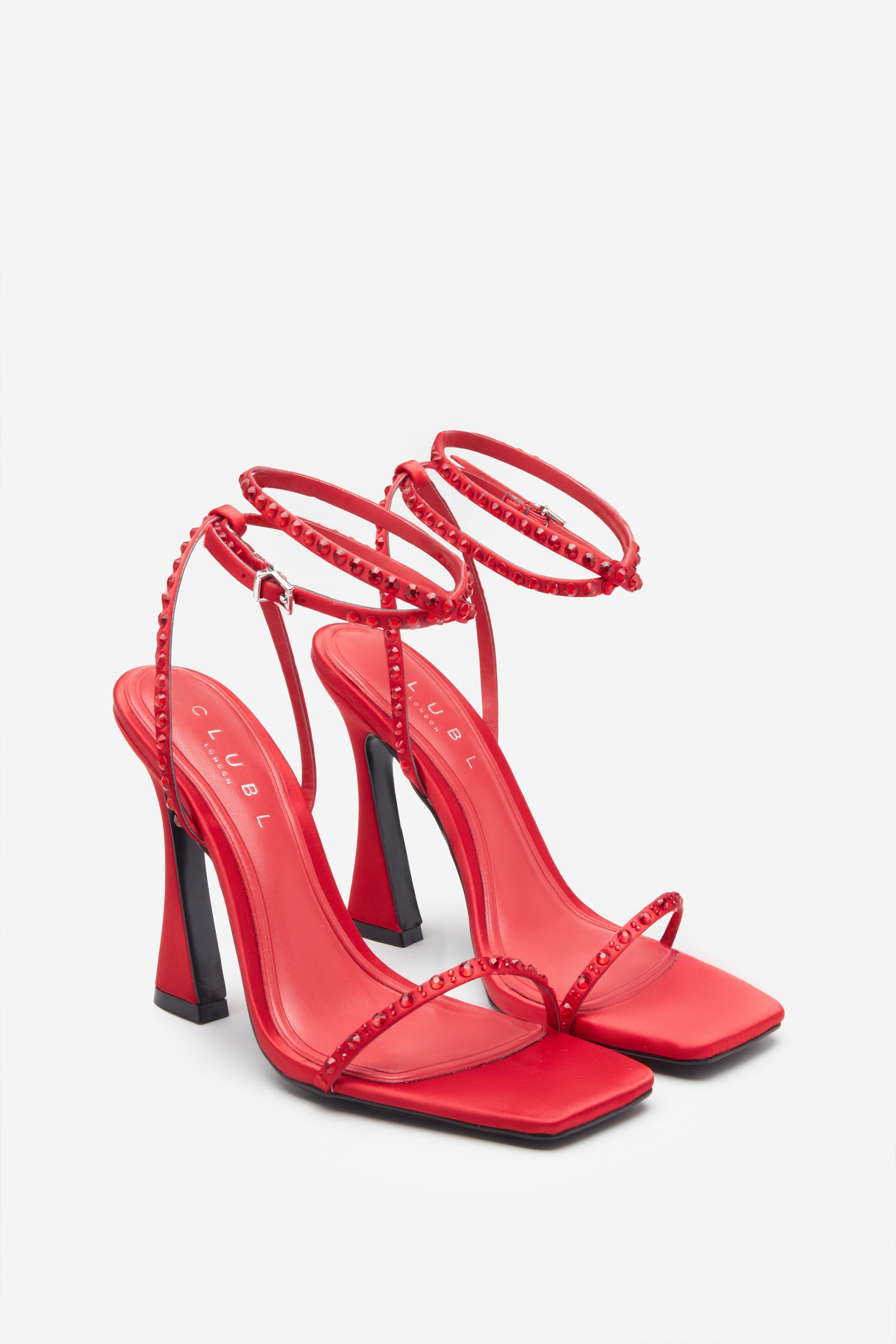 Nostalgia Bright Red Satin Heeled Sandals With Diamante Straps-Babyboo Dress Store. All Rights Reserved.