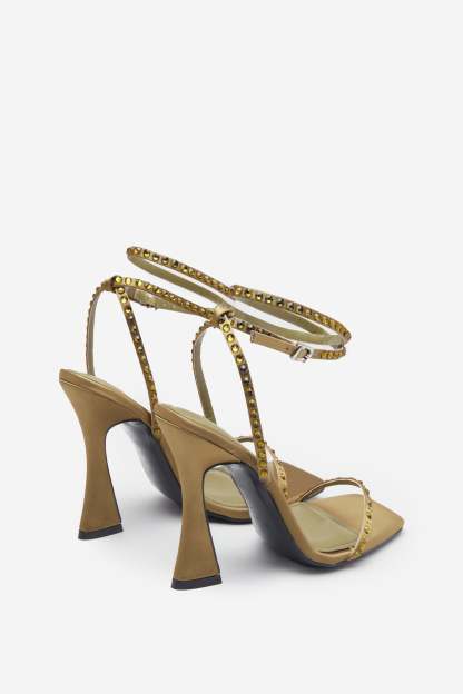 Nostalgia Olive Green Satin Heeled Sandals With Diamante Straps-Babyboo Dress Store. All Rights Reserved.