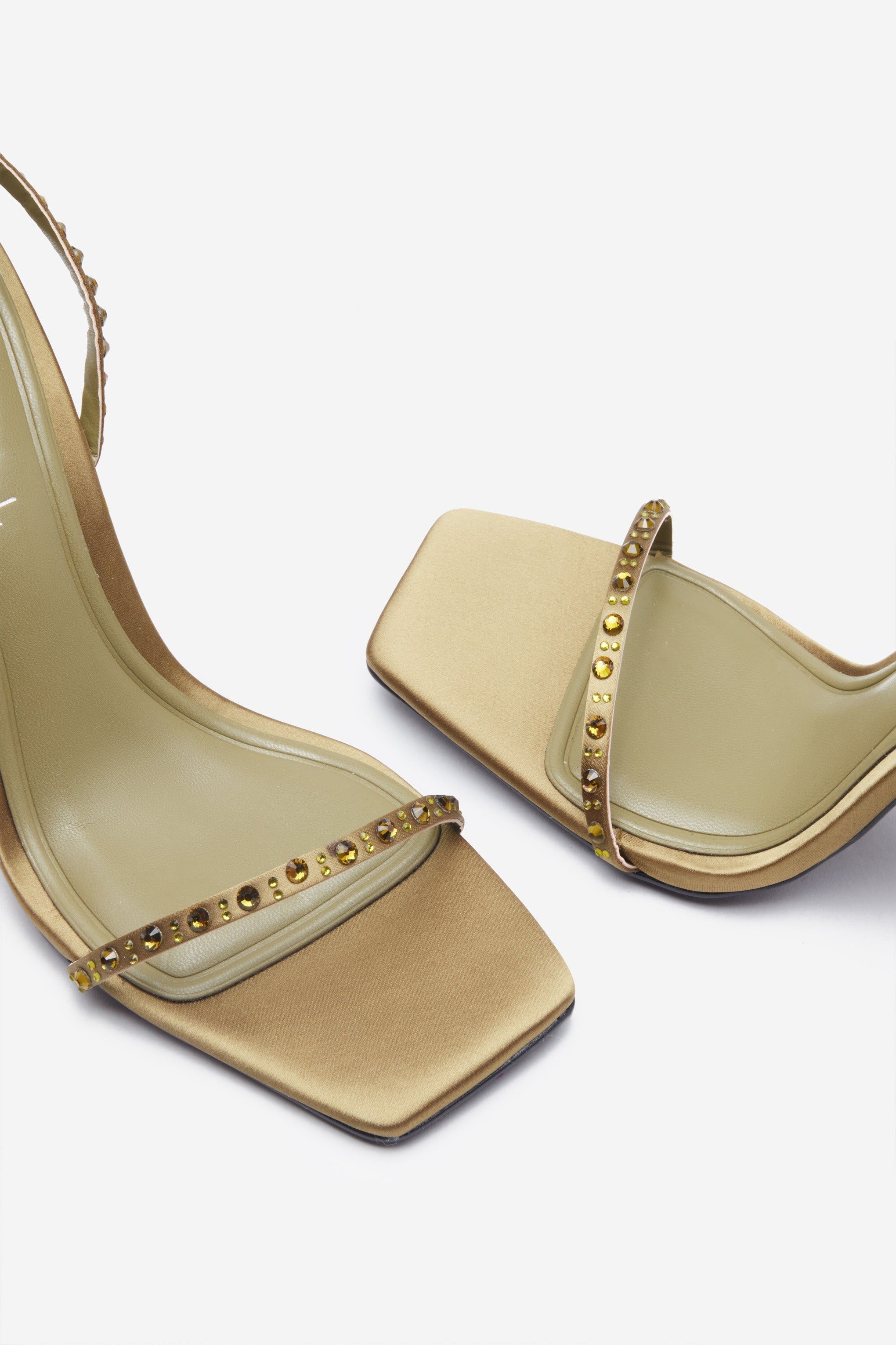 Nostalgia Olive Green Satin Heeled Sandals With Diamante Straps-Babyboo Dress Store. All Rights Reserved.