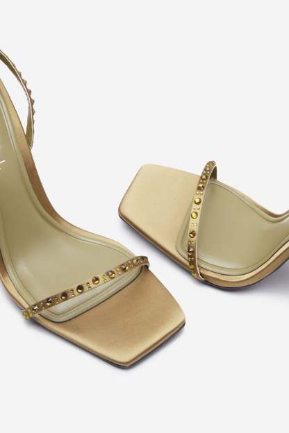 Nostalgia Olive Green Satin Heeled Sandals With Diamante Straps-Babyboo Dress Store. All Rights Reserved.