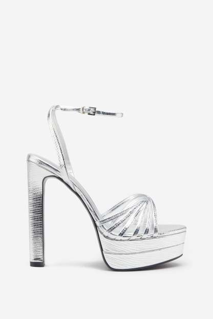 Mirror Mirror Silver Snakeskin Strappy Heeled Platform Sandals-Babyboo Dress Store. All Rights Reserved.