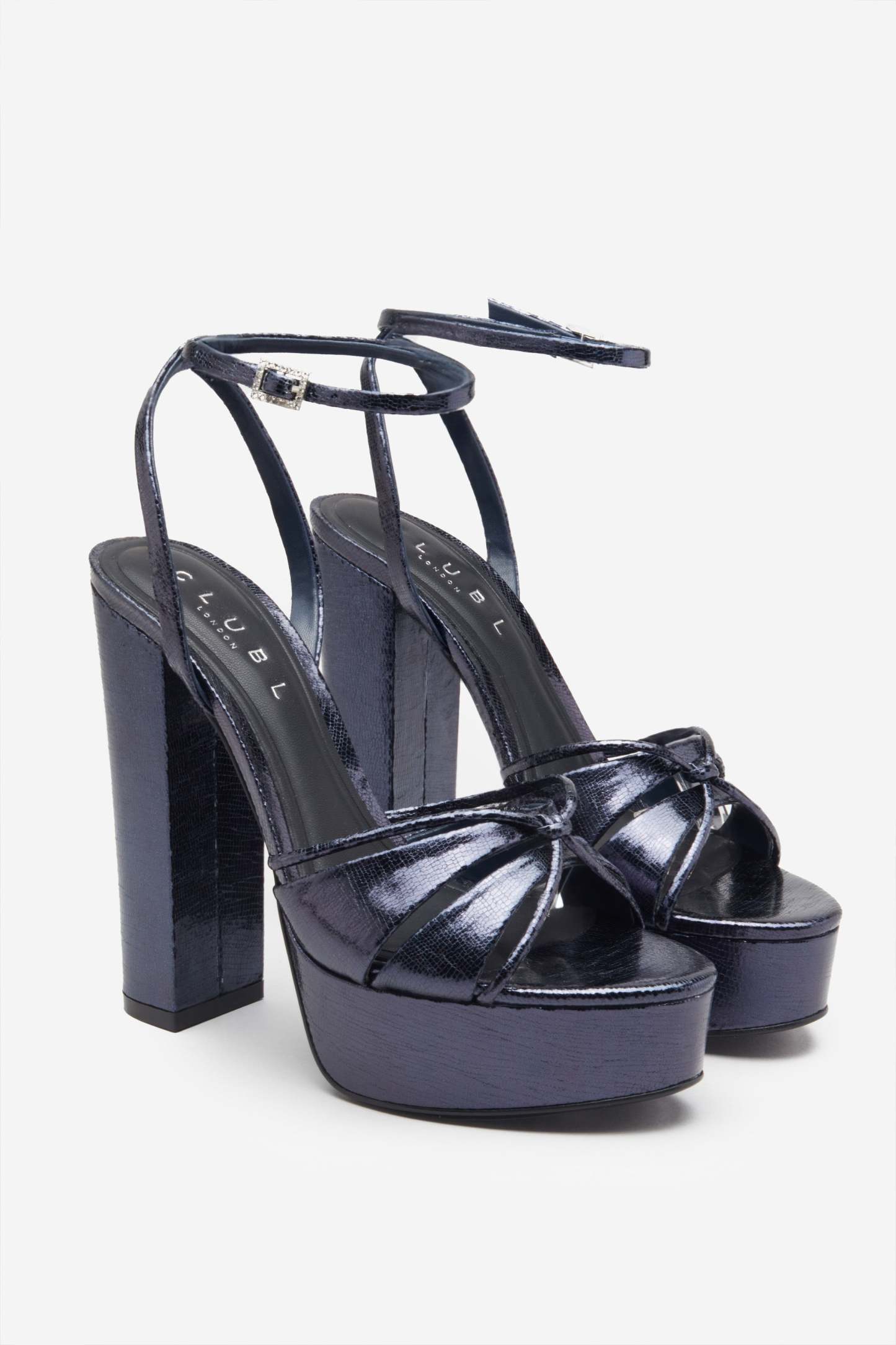 Bold Soul Navy Strappy Heeled Platform Sandals With Diamante Buckles