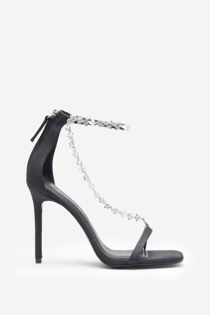 Oh Please Black Strappy Heeled Sandals With Diamante Chains-Babyboo Dress Store. All Rights Reserved.