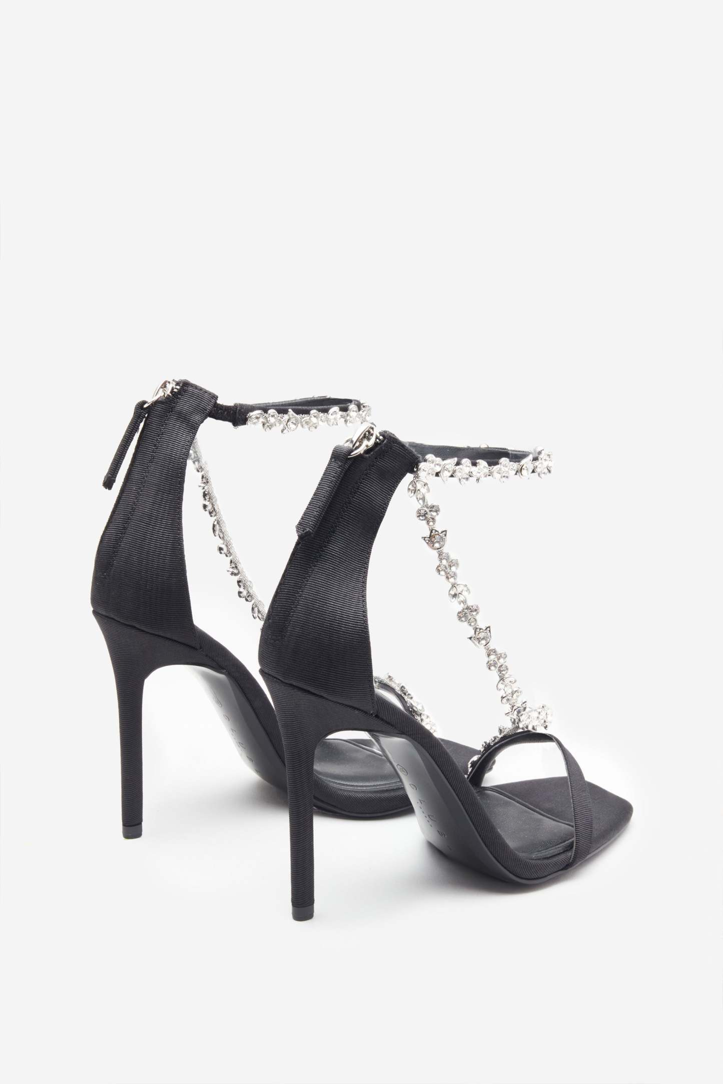 Oh Please Black Strappy Heeled Sandals With Diamante Chains-Babyboo Dress Store. All Rights Reserved.