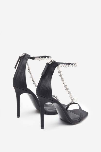 Oh Please Black Strappy Heeled Sandals With Diamante Chains-Babyboo Dress Store. All Rights Reserved.