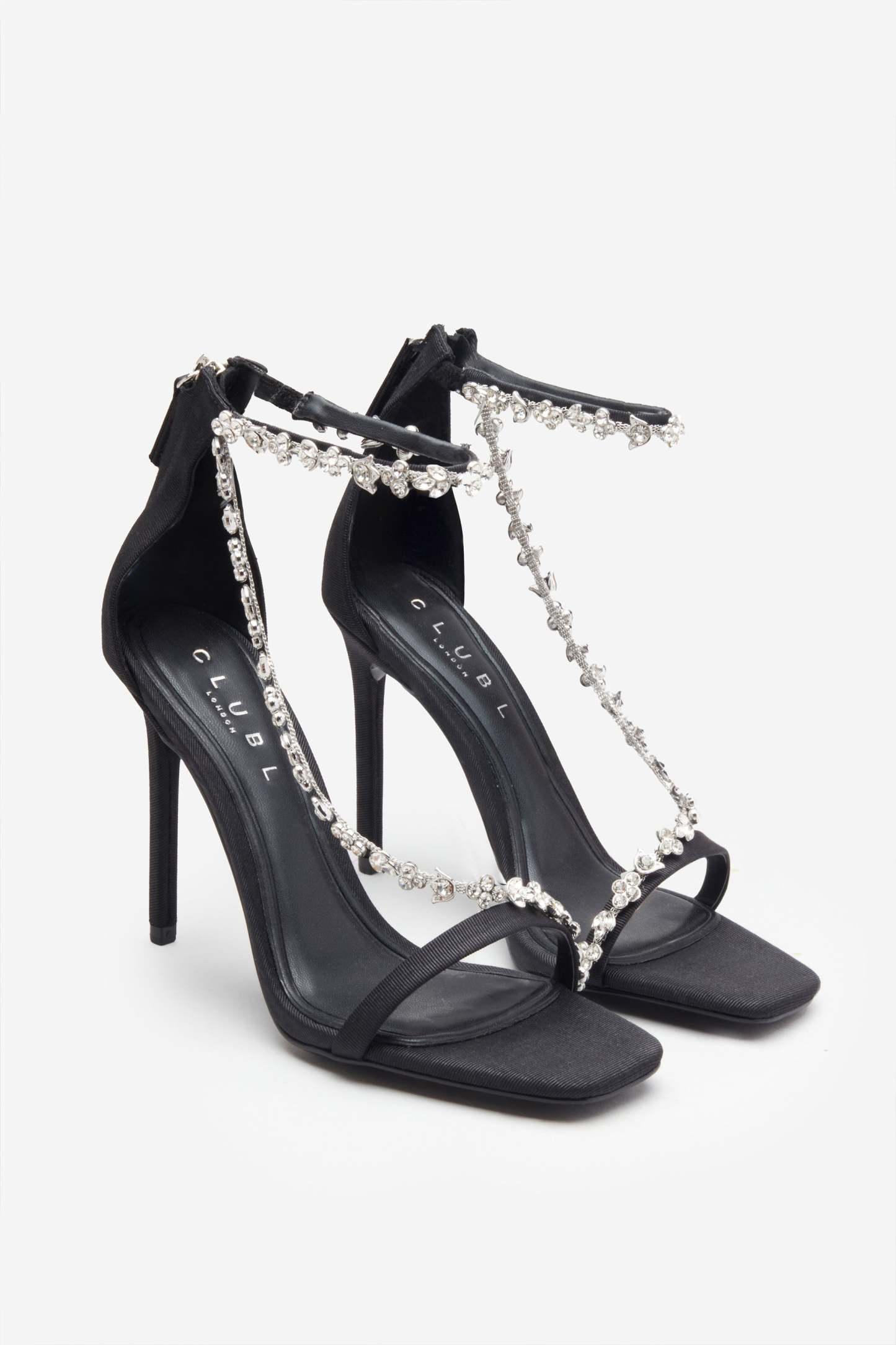 Oh Please Black Strappy Heeled Sandals With Diamante Chains-Babyboo Dress Store. All Rights Reserved.