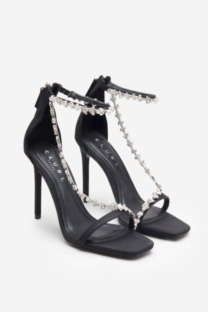 Oh Please Black Strappy Heeled Sandals With Diamante Chains-Babyboo Dress Store. All Rights Reserved.