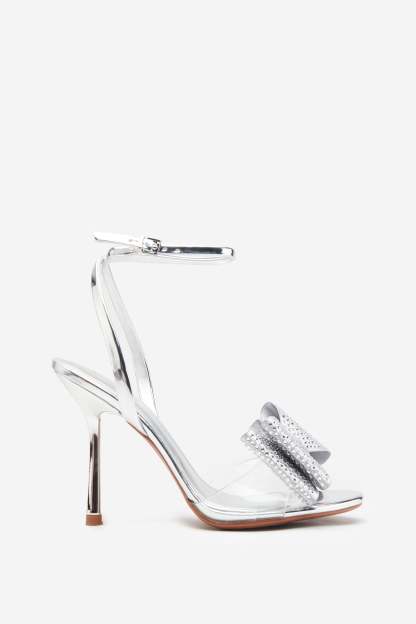 Bowing Silver Metallic Heeled Sandals With Diamante Bows-Babyboo Dress Store. All Rights Reserved.