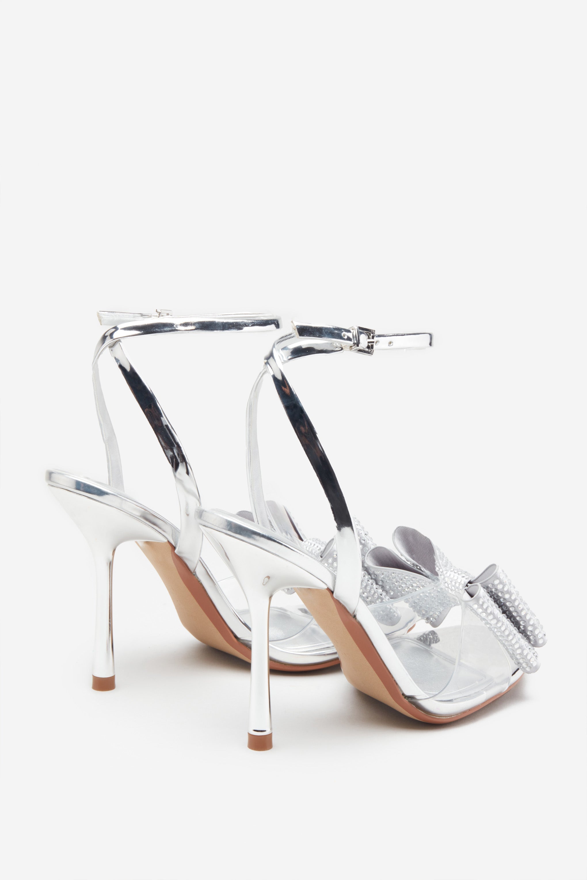 Bowing Silver Metallic Heeled Sandals With Diamante Bows-Babyboo Dress Store. All Rights Reserved.