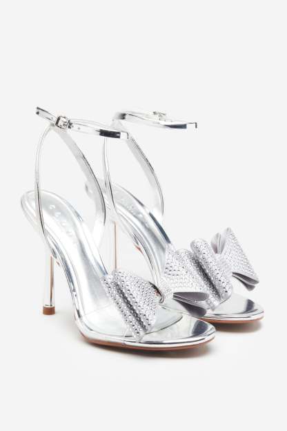 Bowing Silver Metallic Heeled Sandals With Diamante Bows-Babyboo Dress Store. All Rights Reserved.