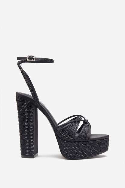 Crystal Cut Black Strappy Heeled Platform Sandals With Diamante Buckles-Babyboo Dress Store. All Rights Reserved.