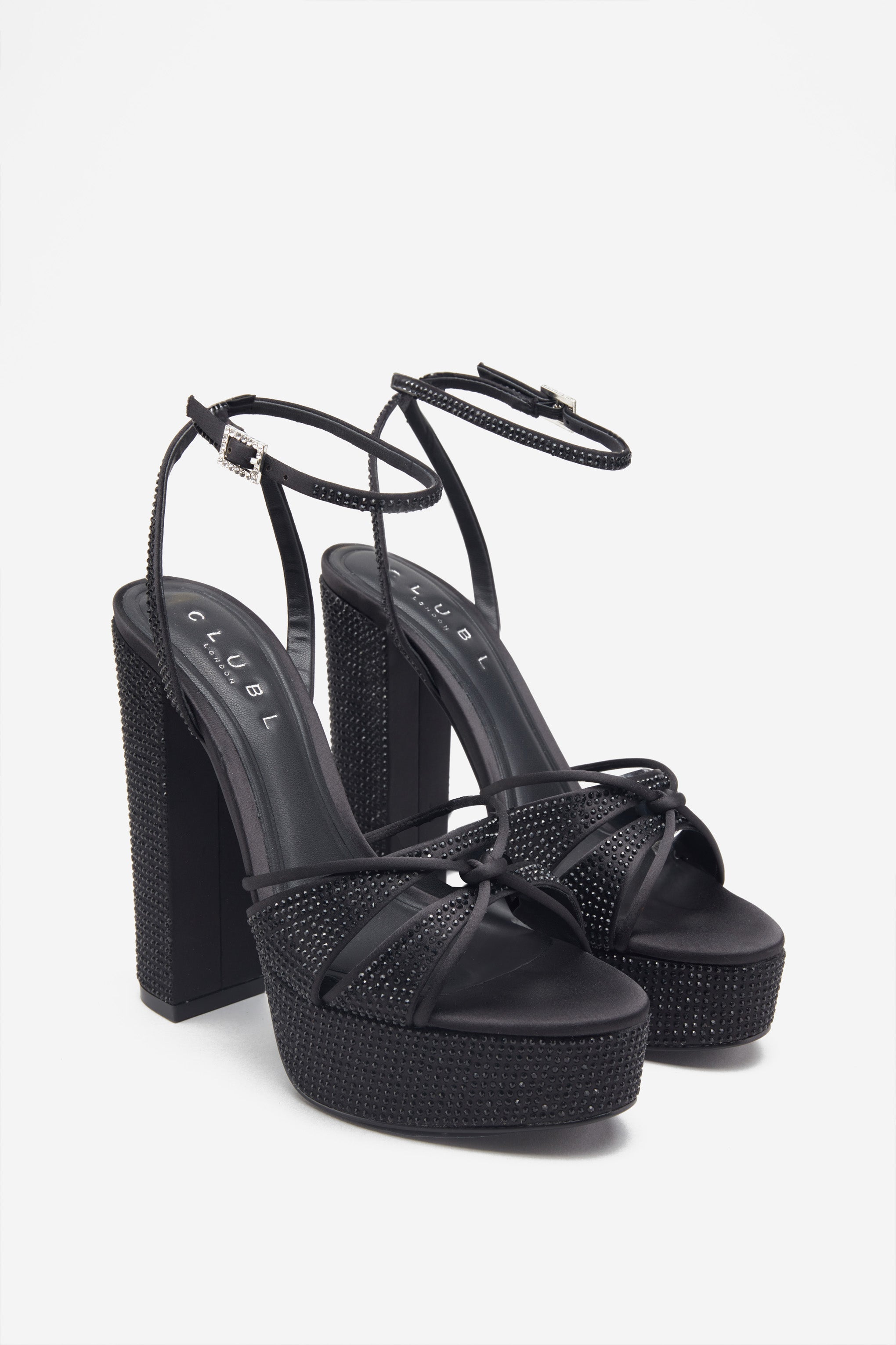 Crystal Cut Black Strappy Heeled Platform Sandals With Diamante Buckles-Babyboo Dress Store. All Rights Reserved.