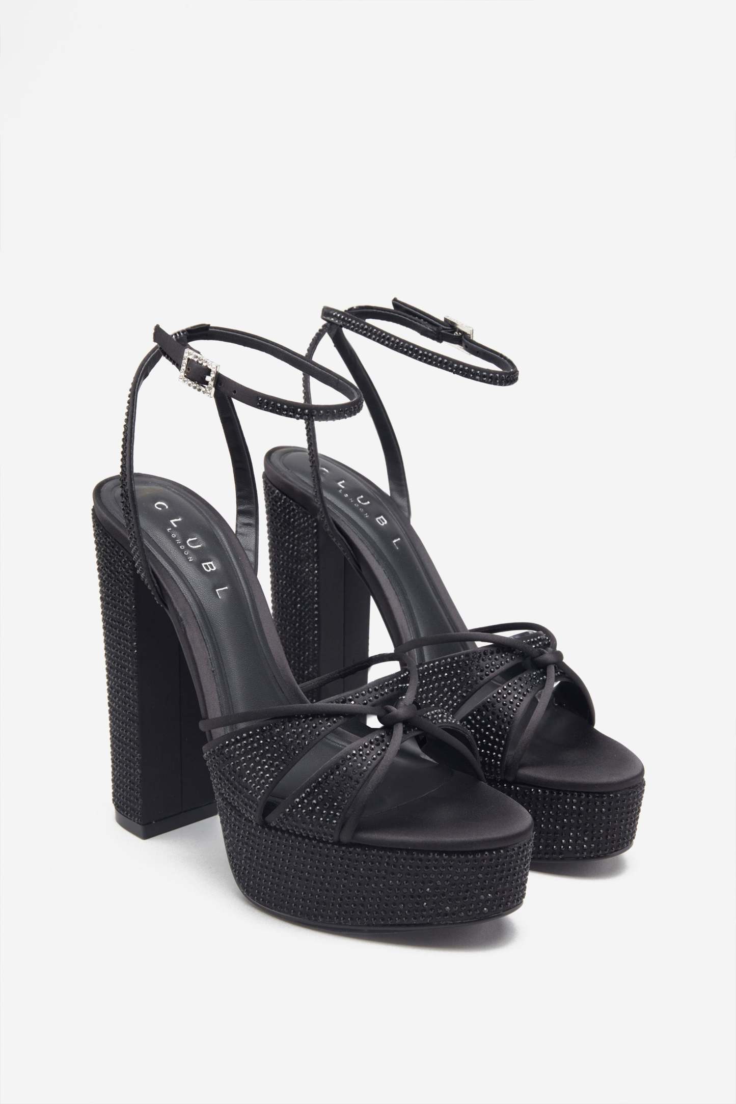 Crystal Cut Black Strappy Heeled Platform Sandals With Diamante Buckles-Babyboo Dress Store. All Rights Reserved.