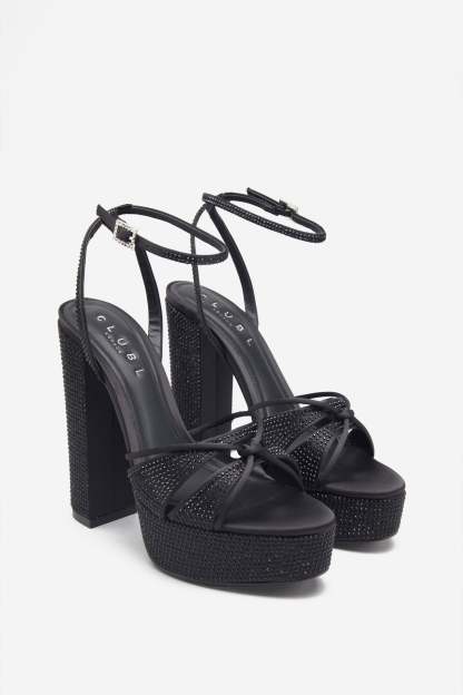 Crystal Cut Black Strappy Heeled Platform Sandals With Diamante Buckles-Babyboo Dress Store. All Rights Reserved.