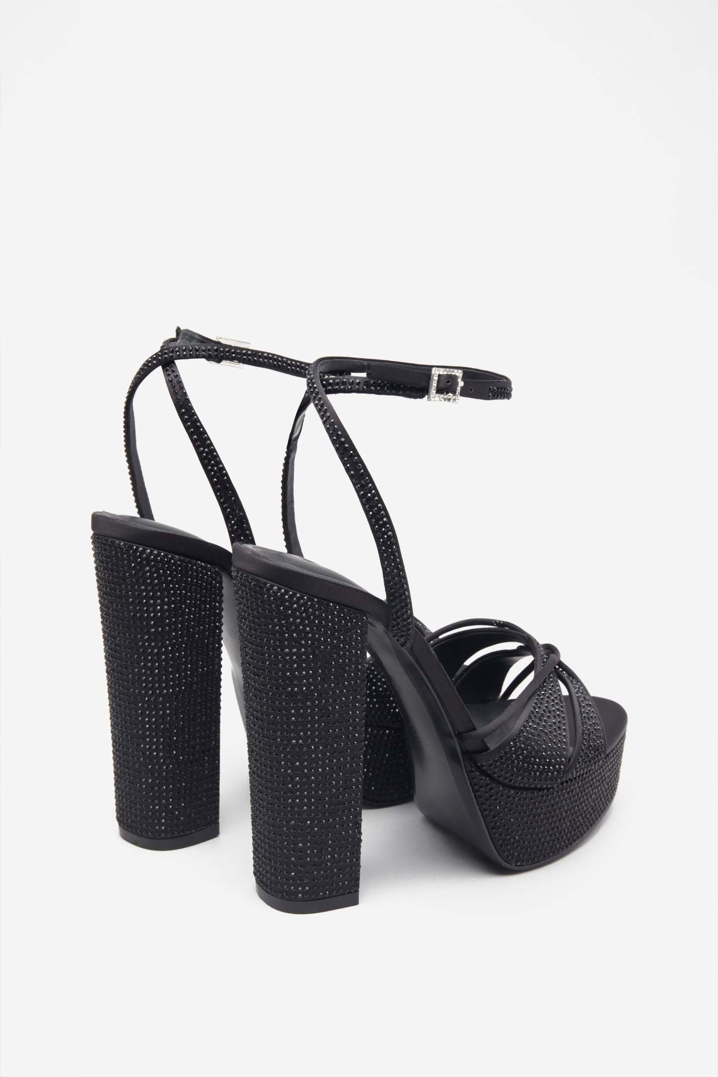 Crystal Cut Black Strappy Heeled Platform Sandals With Diamante Buckles-Babyboo Dress Store. All Rights Reserved.