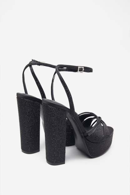 Crystal Cut Black Strappy Heeled Platform Sandals With Diamante Buckles-Babyboo Dress Store. All Rights Reserved.
