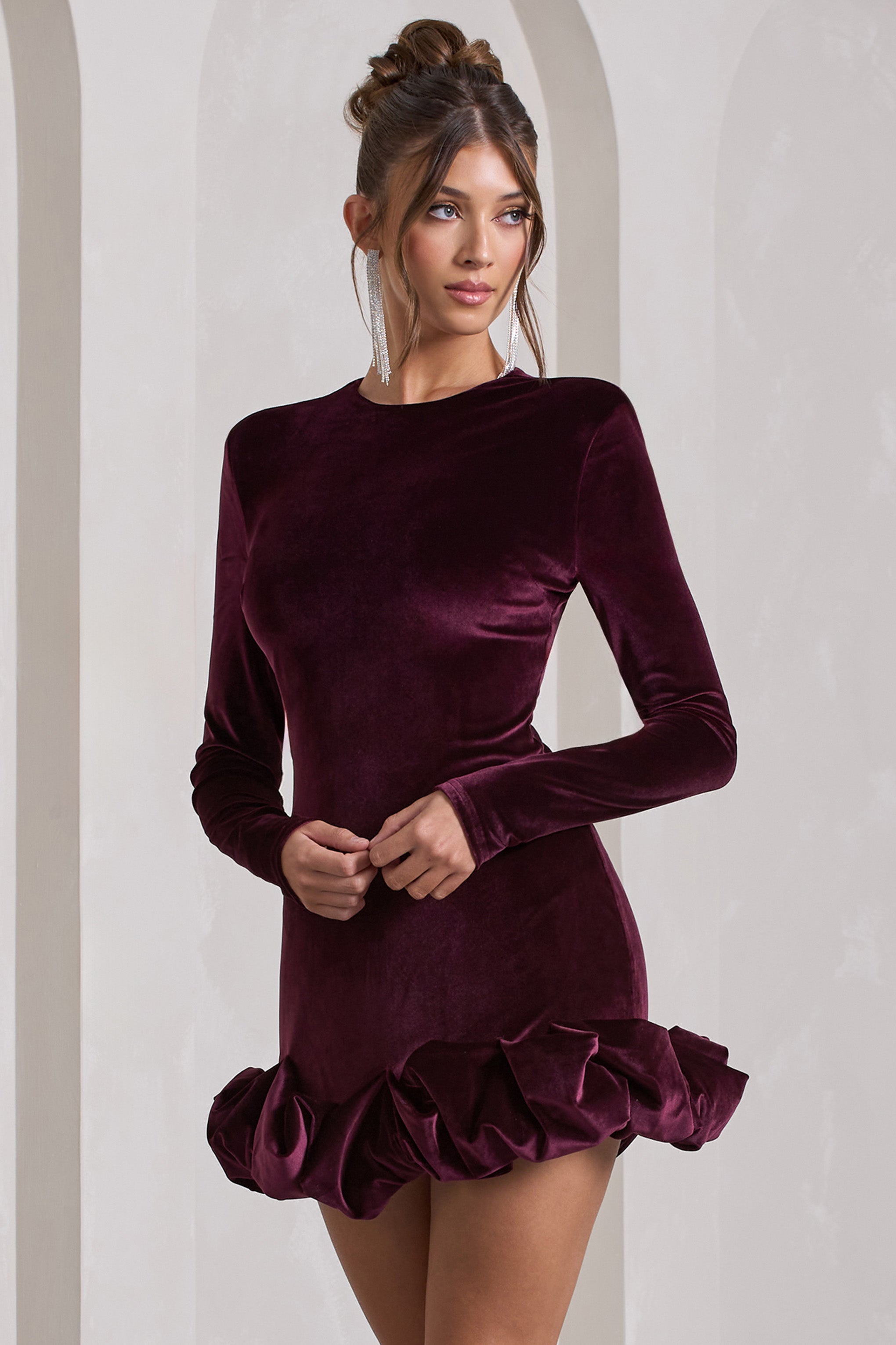 Claudine Port Velvet Long-Sleeved Ruffled Mini Dress-Babyboo Dress Store. All Rights Reserved.