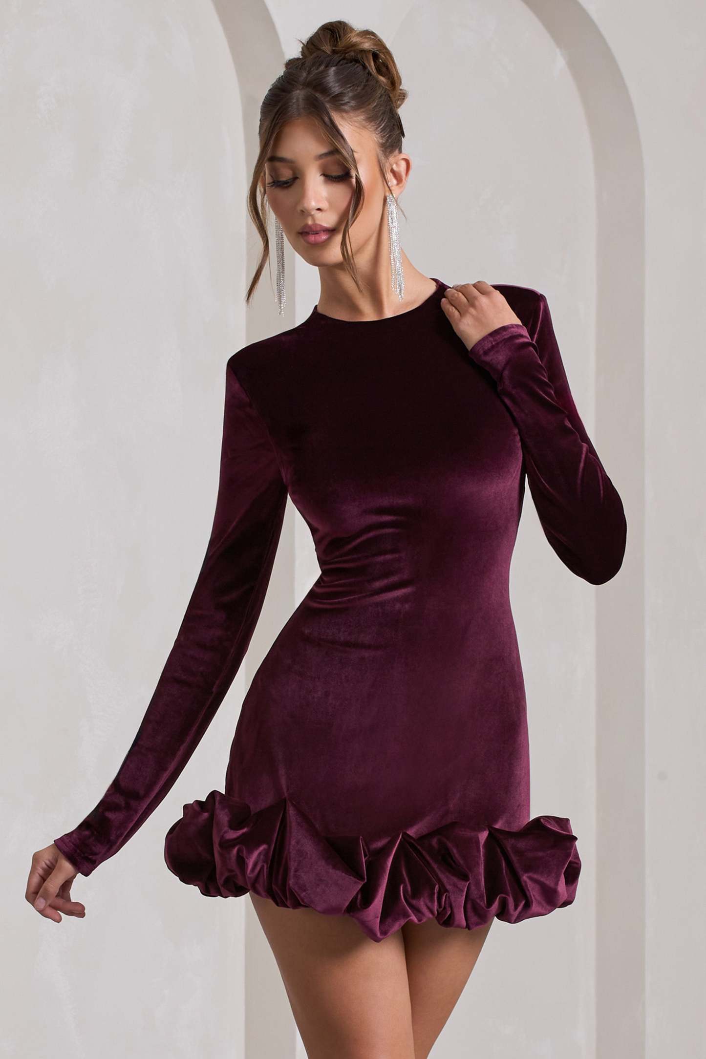 Claudine Port Velvet Long-Sleeved Ruffled Mini Dress-Babyboo Dress Store. All Rights Reserved.