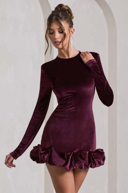 Claudine Port Velvet Long-Sleeved Ruffled Mini Dress-Babyboo Dress Store. All Rights Reserved.