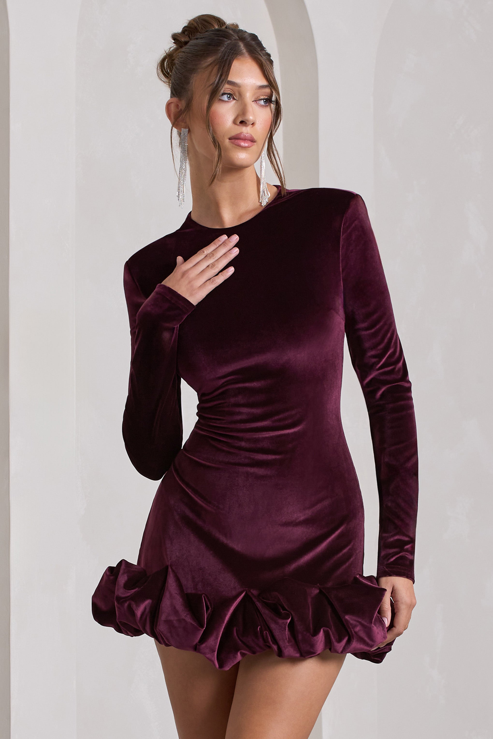 Claudine Port Velvet Long-Sleeved Ruffled Mini Dress-Babyboo Dress Store. All Rights Reserved.