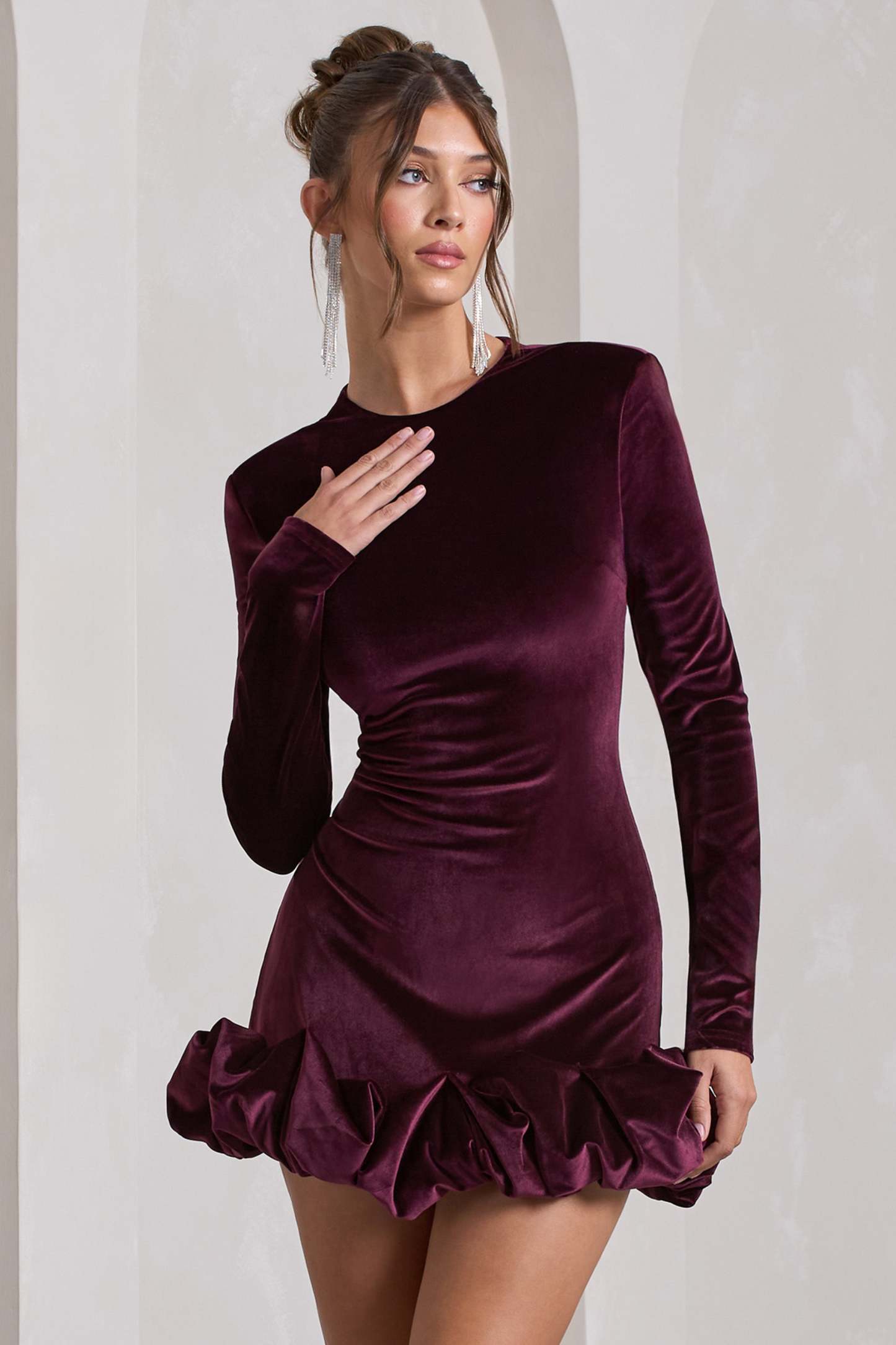 Claudine Port Velvet Long-Sleeved Ruffled Mini Dress-Babyboo Dress Store. All Rights Reserved.