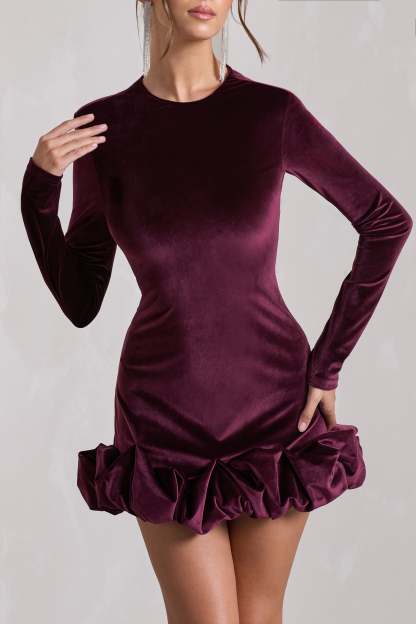 Claudine Port Velvet Long-Sleeved Ruffled Mini Dress-Babyboo Dress Store. All Rights Reserved.