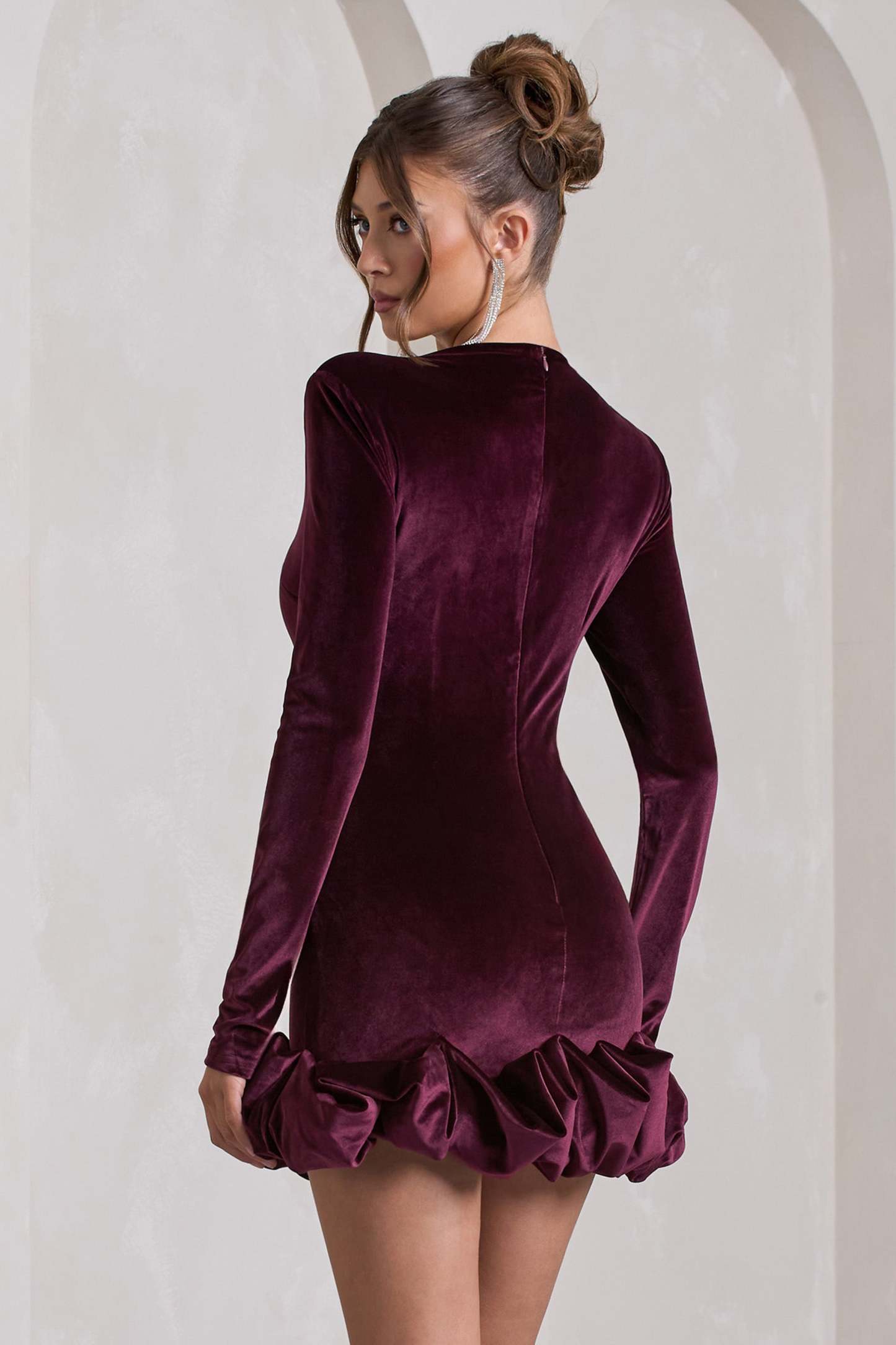 Claudine Port Velvet Long-Sleeved Ruffled Mini Dress-Babyboo Dress Store. All Rights Reserved.