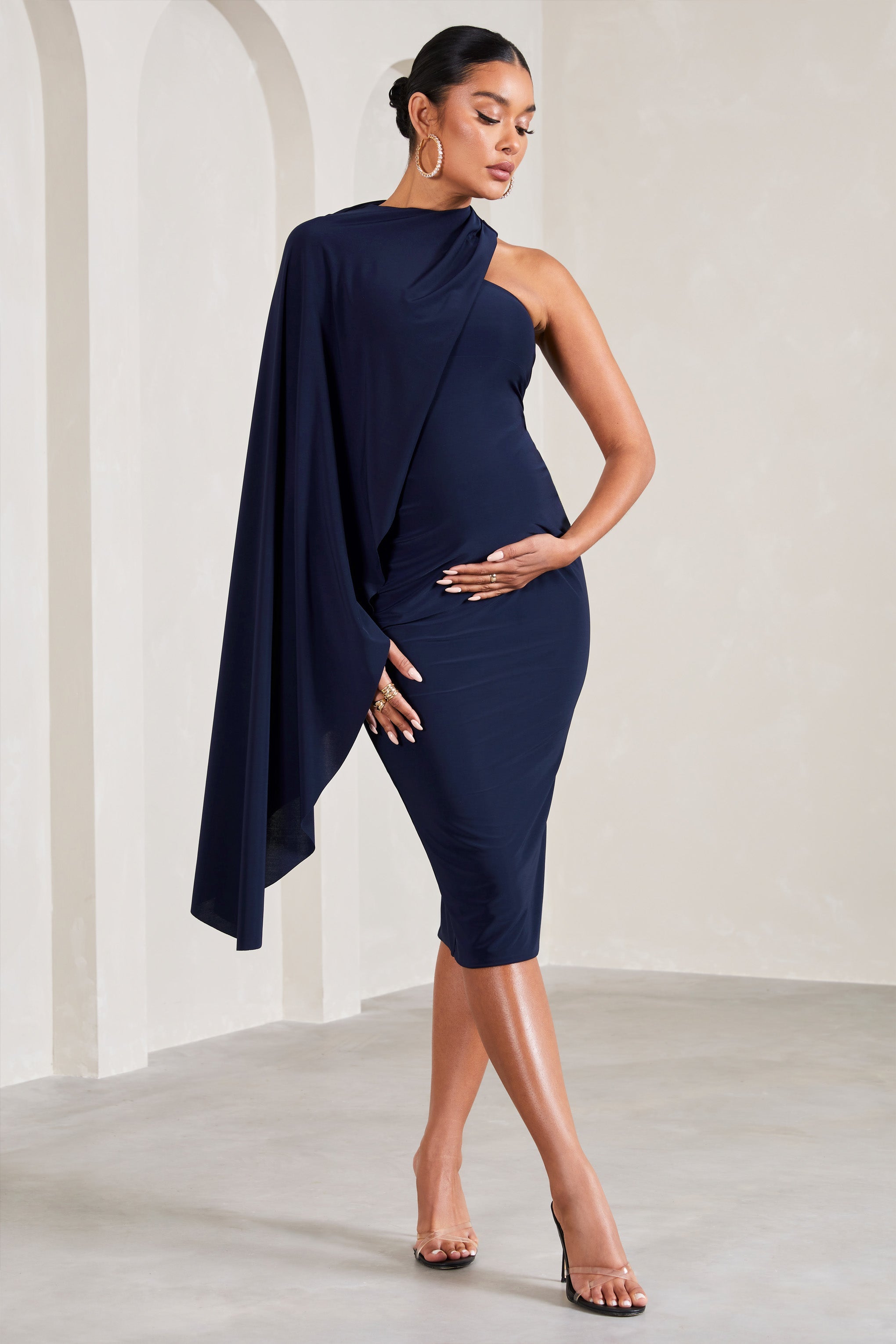 New Chapter Navy Asymmetric Maternity Midi Dress With Cape-Babyboo Dress Store. All Rights Reserved.
