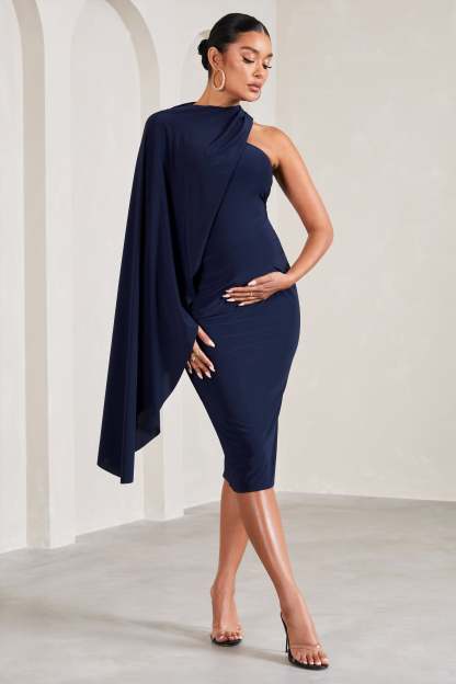 New Chapter Navy Asymmetric Maternity Midi Dress With Cape-Babyboo Dress Store. All Rights Reserved.