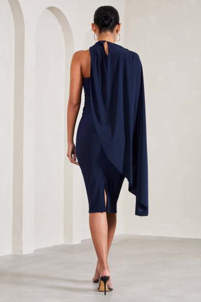 New Chapter Navy Asymmetric Maternity Midi Dress With Cape-Babyboo Dress Store. All Rights Reserved.