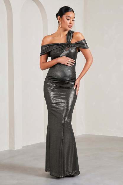 Captivating Silver Metallic Strappy Asymmetric Cut-Out Maternity Maxi Dress-Babyboo Dress Store. All Rights Reserved.